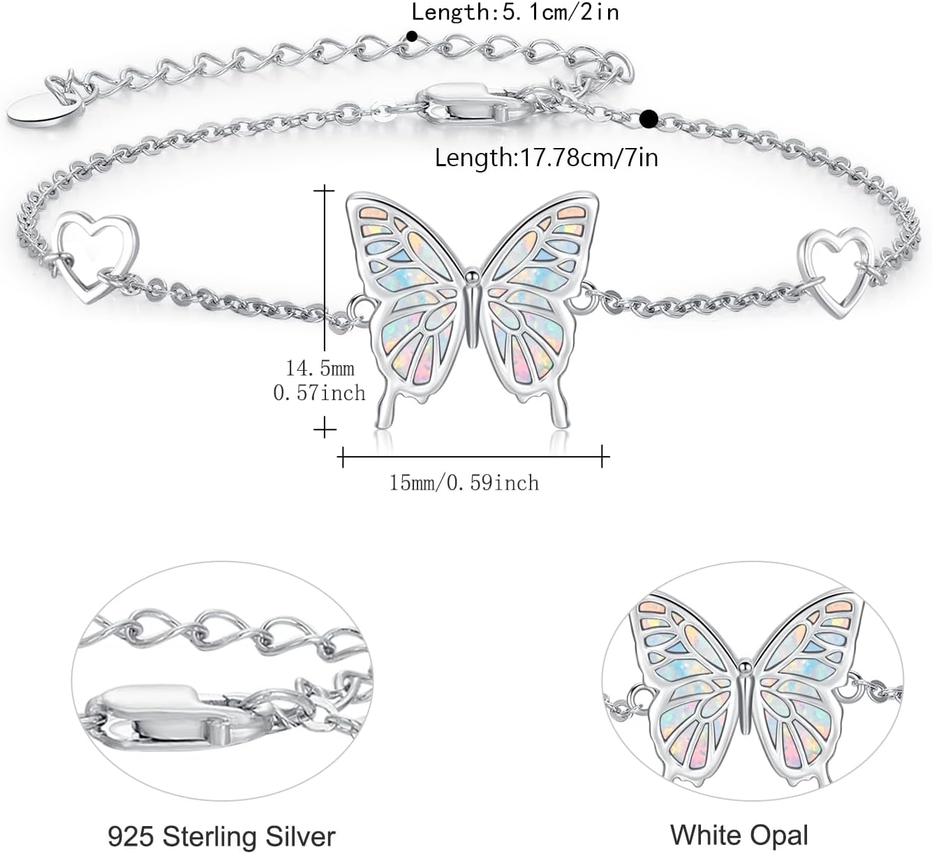 Butterfly Bracelet for Women 925 Sterling Silver Butterfly Bracelet Adjustable Bracelet with Opal/Abalone Butterfly Jewelry Gift for Women - Image 5