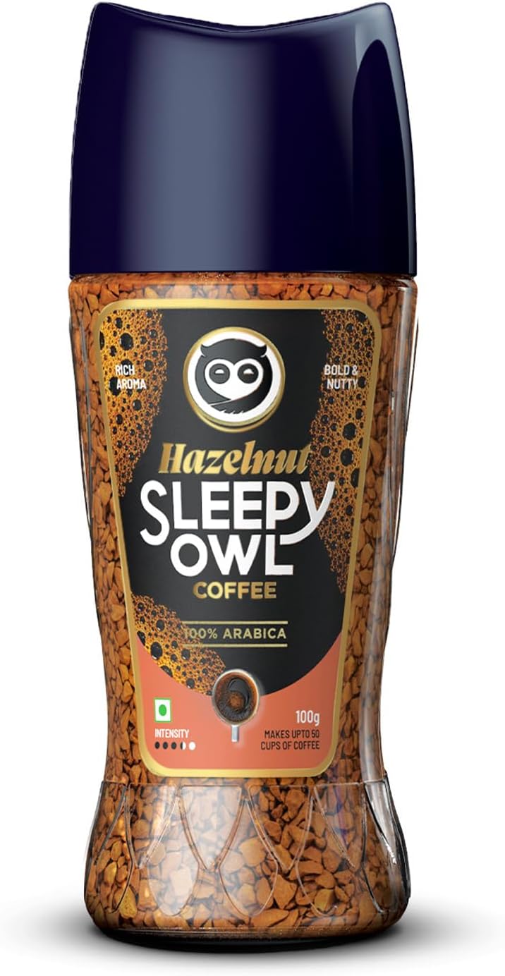 Sleepy Owl Hazelnut Premium Instant Coffee | 100% Arabica | Makes 50 Cups | Microground Technology | Ready in Seconds | 100g