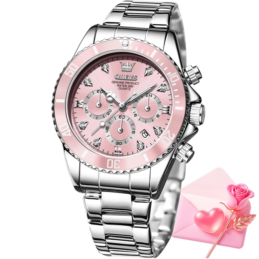 OLEVS Women Diamond Quartz Watches Stainless Steel Chronograph Wristwatch | Quartz, Stainless Steel, 30M Waterproof, Luminous, Day Date, Chronograph