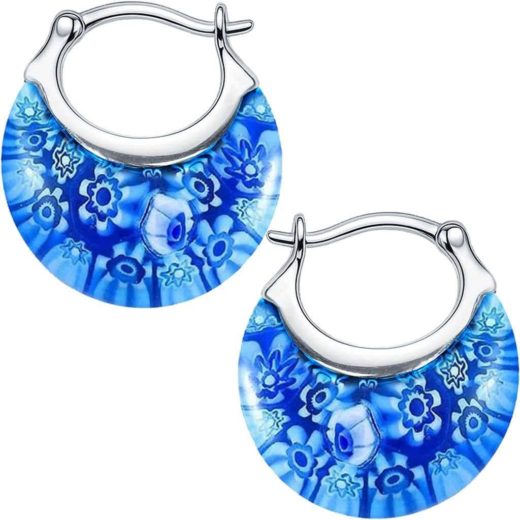 Shop LC Murano Style Glass Hoop Earrings for Women - Statement Floral Colorful Flower Stainless Steel Costume Jewelry Birthday Gifts 11.6g