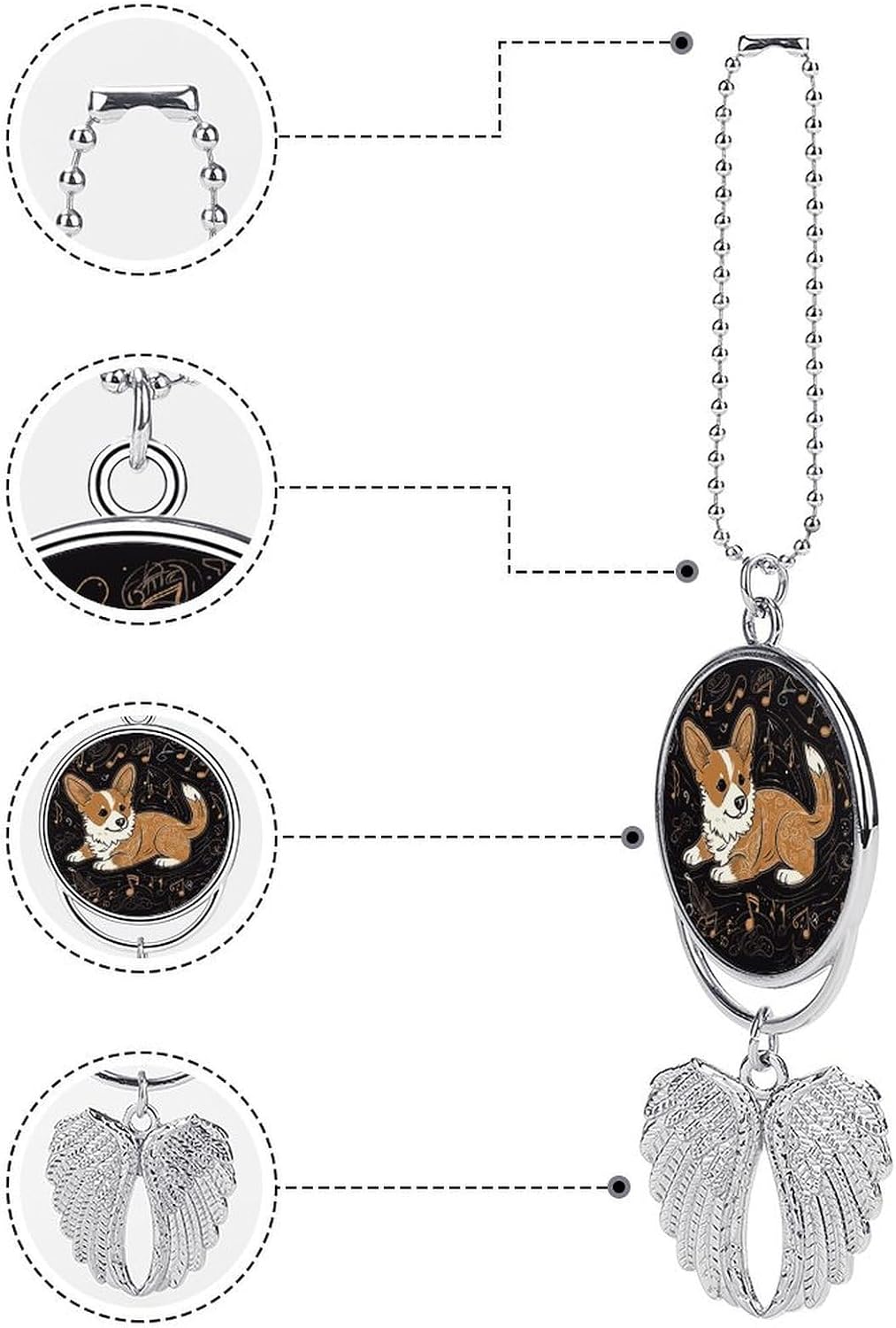 Cute Angel Wings Car Mirror Hanging - Corgi Who Loves Music Rear View Mirror Pendant Decor, Personalized Auto Accessories with Chain for Car Interior Decorations, Keychain Ornament Gift image 3