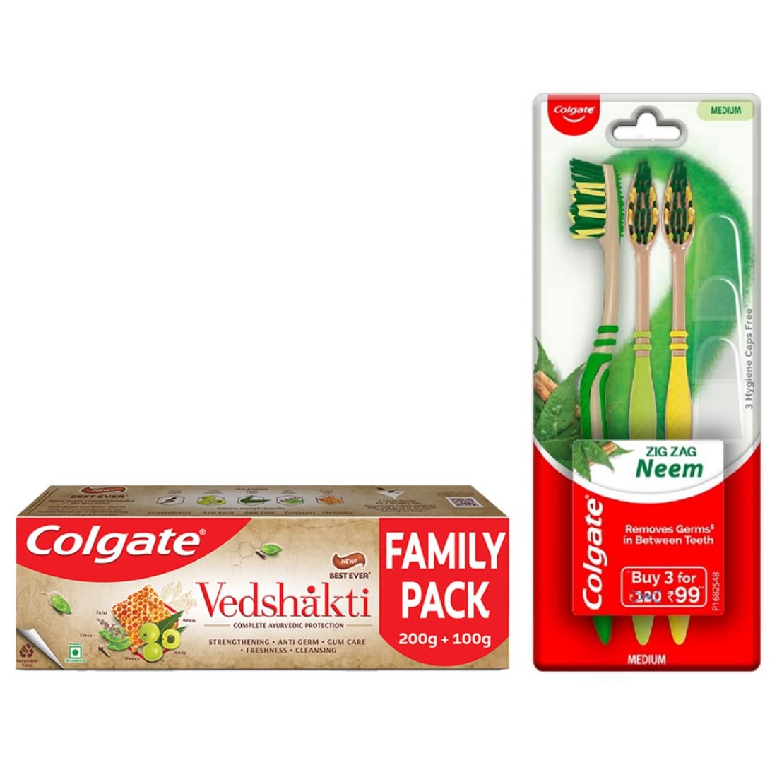 Colgate Swarna Vedshakti Toothpaste - 300 g with ZigZag Neem Medium Bristle Toothbrush - 4 Pieces