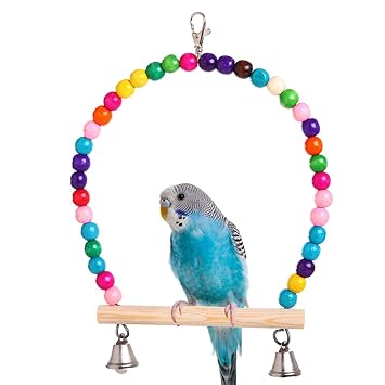 QBLEEV Wooden Bird Swings Toy with Hanging Bells for Cockatiels Parakeets, Cage Accessories Decorating Birdcage or Wood Parrot Perch Stand Play Gym for Small Medium Budgies Finches Conures