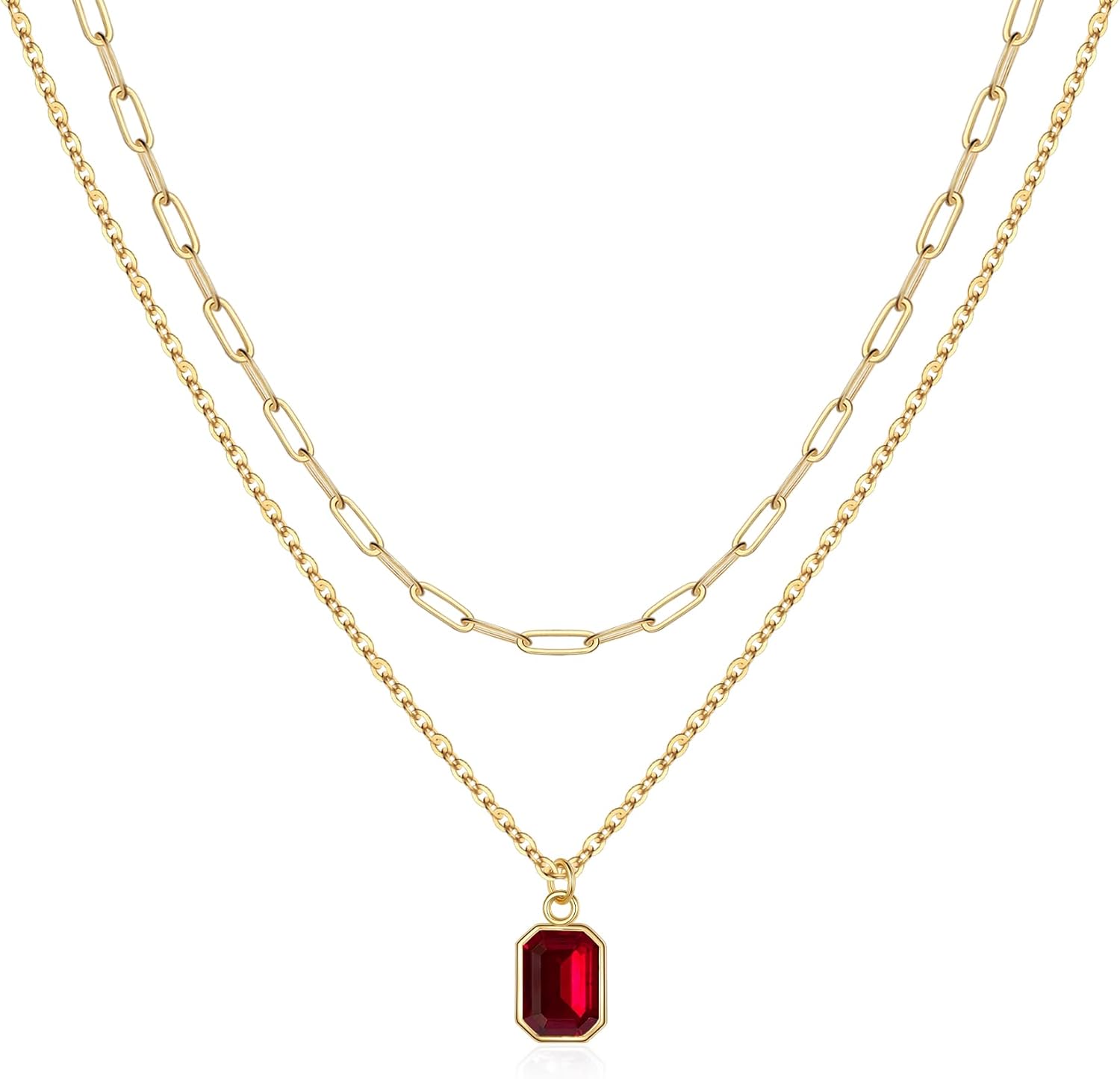 Layered Birthstone Necklace for Women Girls, 14K Gold-Plated Paperclip Chain Choker Necklace with Rectangle Birthstone Pendant Birthday Gifts for Women Girls Dainty Small