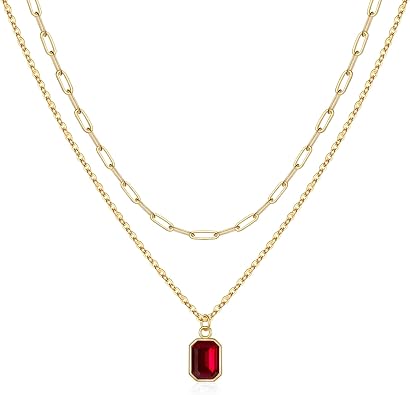 Layered Birthstone Necklace for Women Girls, 14K Gold-Plated Paperclip Chain Choker Necklace with Rectangle Birthstone Pendant Birthday Gifts for Women Girls Dainty Small