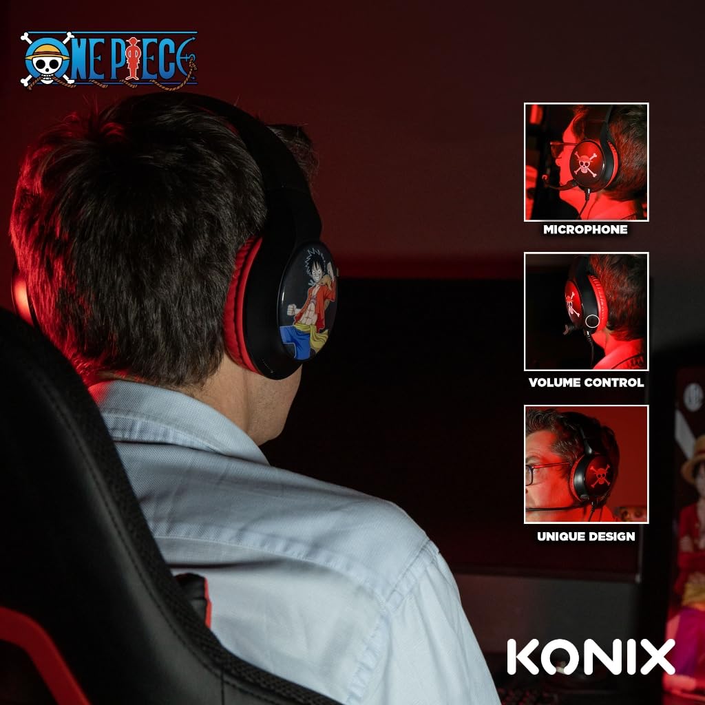 Konix Cuffie da gioco cablate One Piece per PC, PS4, PS5, Switch, Xbox One e Series X|S - Microfono - Cavo da 1,5 m - Connettore jack da 3,5 mm - Modello Luffy