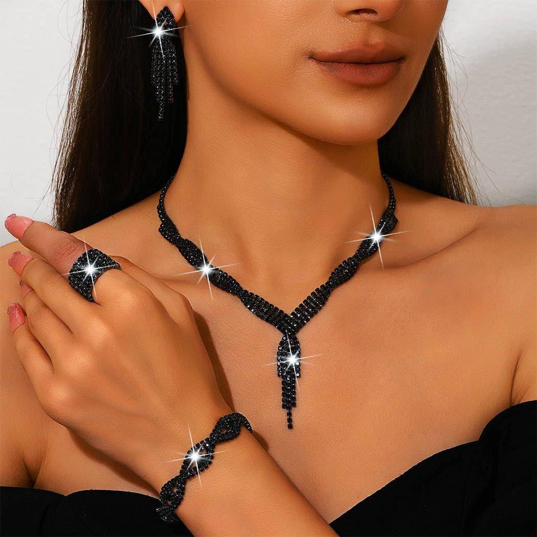 Sixexey Black Rhinestone Jewelry Set Wedding Jewelry Prom Costume Necklace Jewelry for Women - Image 3
