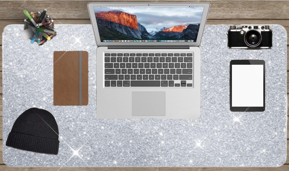 Silver Glitter Mouse Pad for Women - Diamond Bling Desk Accessory, Non-Slip Rubber Base, Large Gaming Mousepad for Laptop, 15.7x31.5 inch