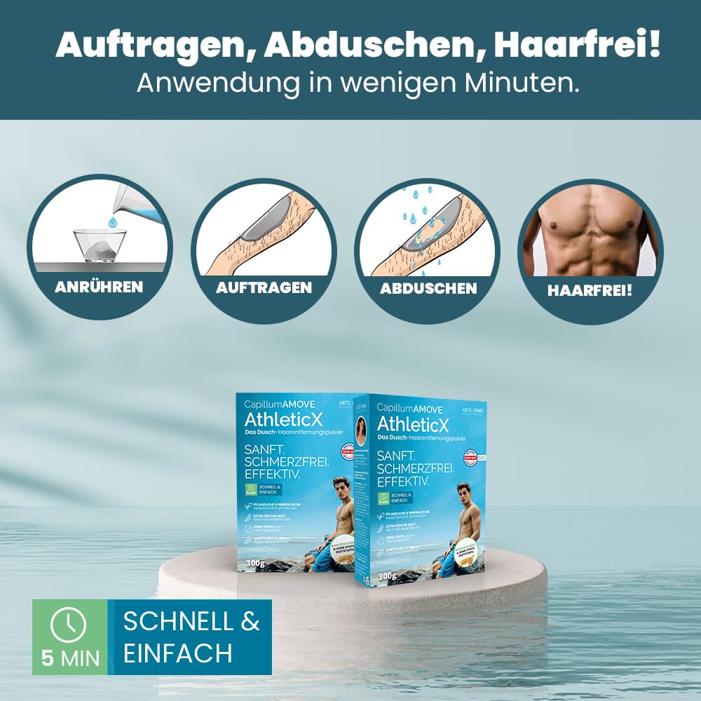 Capillum AMOVE AthleticX Premium Enthaarungscreme Intimbereich 5x300g - sanftes Enthaarungspulver Männer Schmerzfreie Dusch-Haarentfernungscreme ohne Zusatzstoffe mit neutralem Geruch