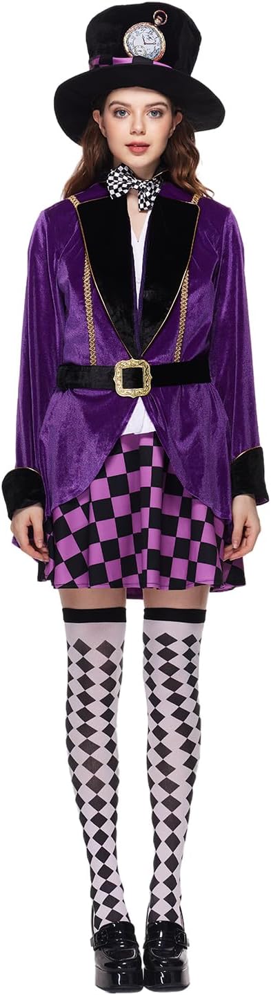 EraSpooky Adult Women Hatter Costume Mad Tea Party Purple Halloween Fancy Dress 6 Pc Set with Accessories - Image 5