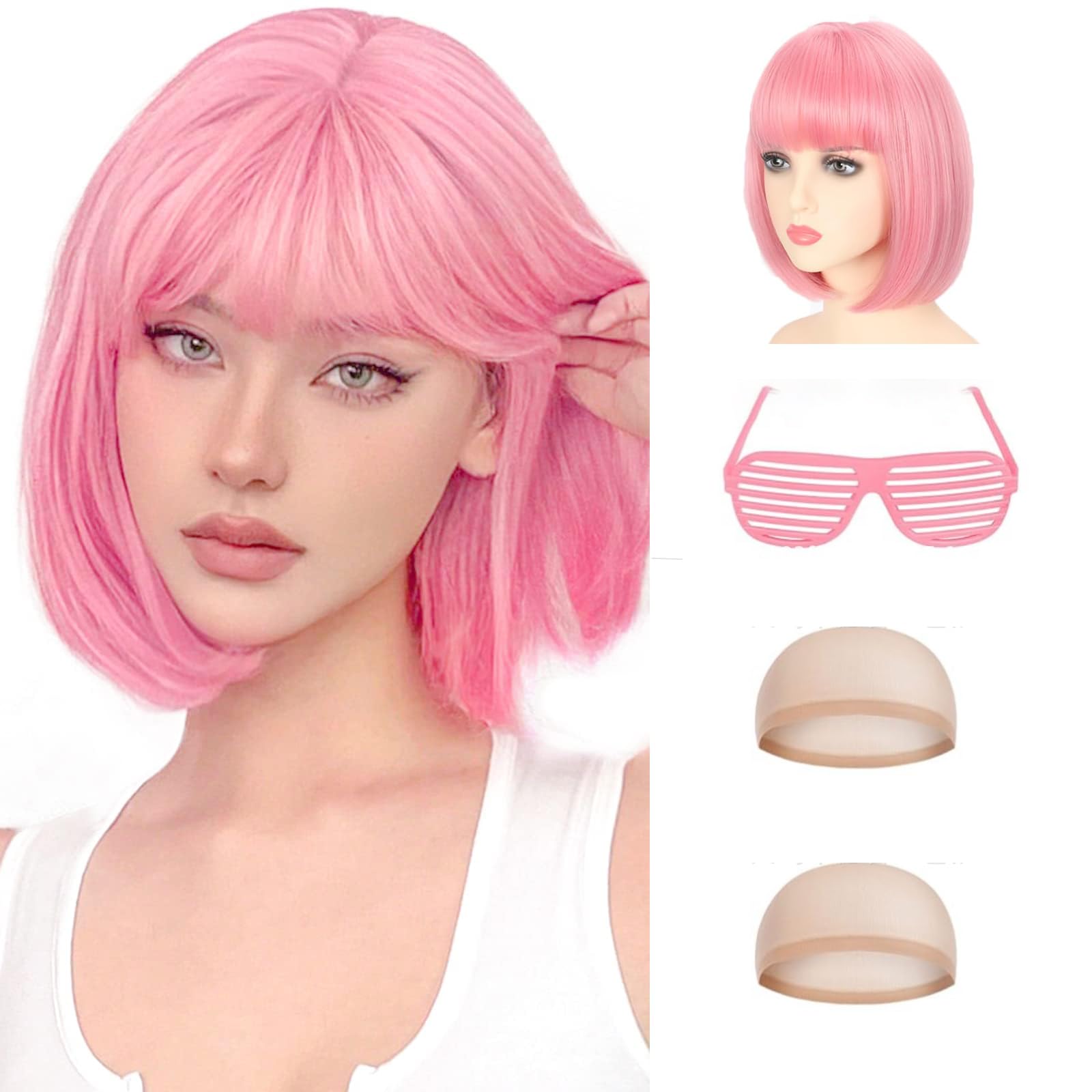 KOWVOWZ Pink Bob Wigs with Bangs, Short Straight Bob Wigs with Party Sunglasses, Natural Looking Synthetic Cosplay Wigs for Daily Use Party Cosplay (12 Inch)