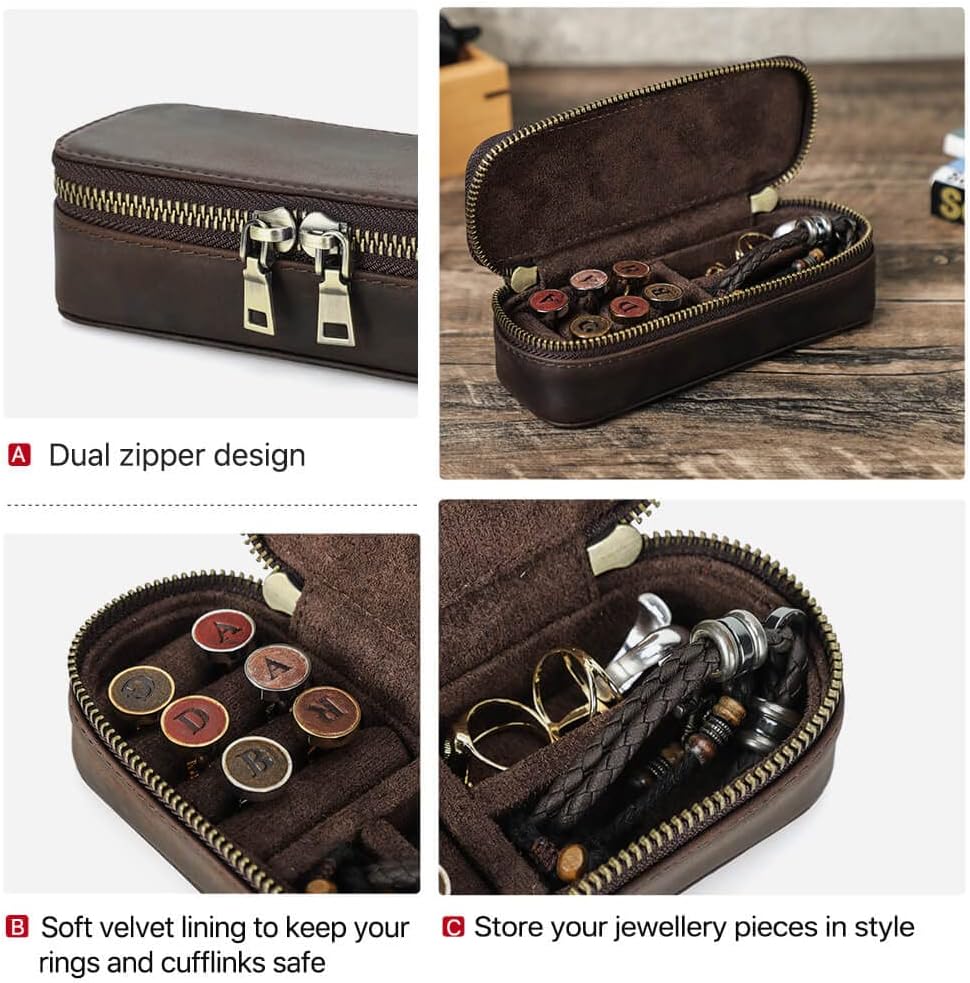 Hiram Genuine Leather Jewelry Box Case, Crazy Horse Cowhide Leather Travel Jewelry Box Case, Double Metal Zippers Travelling Box for Rings,Cufflinks and Jewelry
