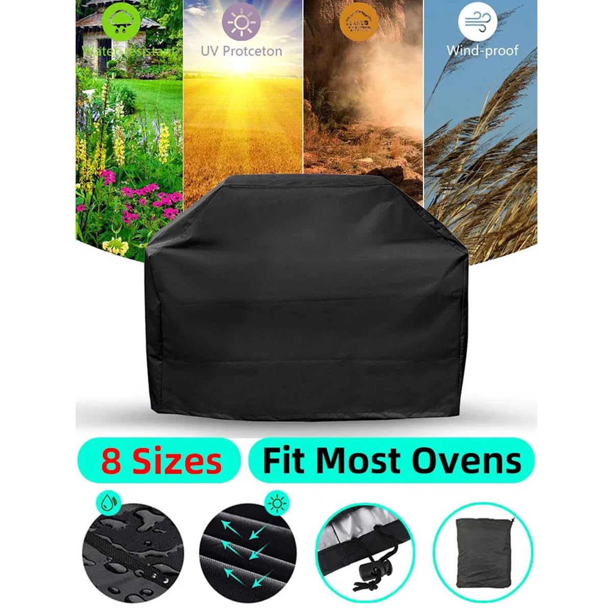 Funda para Barbacoa Negra, Resistente al Agua y al Polvo, para Exteriores, Redonda y Resistente a la Lluvia