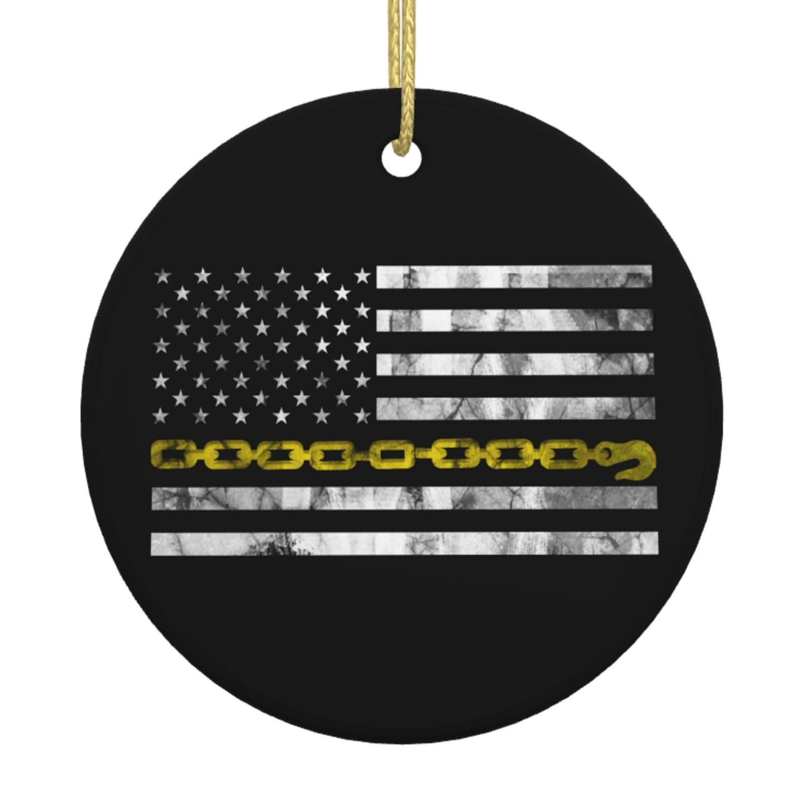 Joisbs Holiday Ceramic Ornament, USA Yellow Thin Line Hook Tow Truck American Driver, Double-Sided Round Pendant, Ideal Christmas Decoration