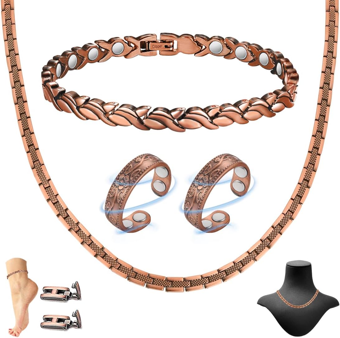 Vicmag 4PCS Magnetic Copper Necklace Anklet Ring Set for Women Men - Magnetic Jewelry Present for Wellness & Neck Tension Relief, 99.9% Pure Copper