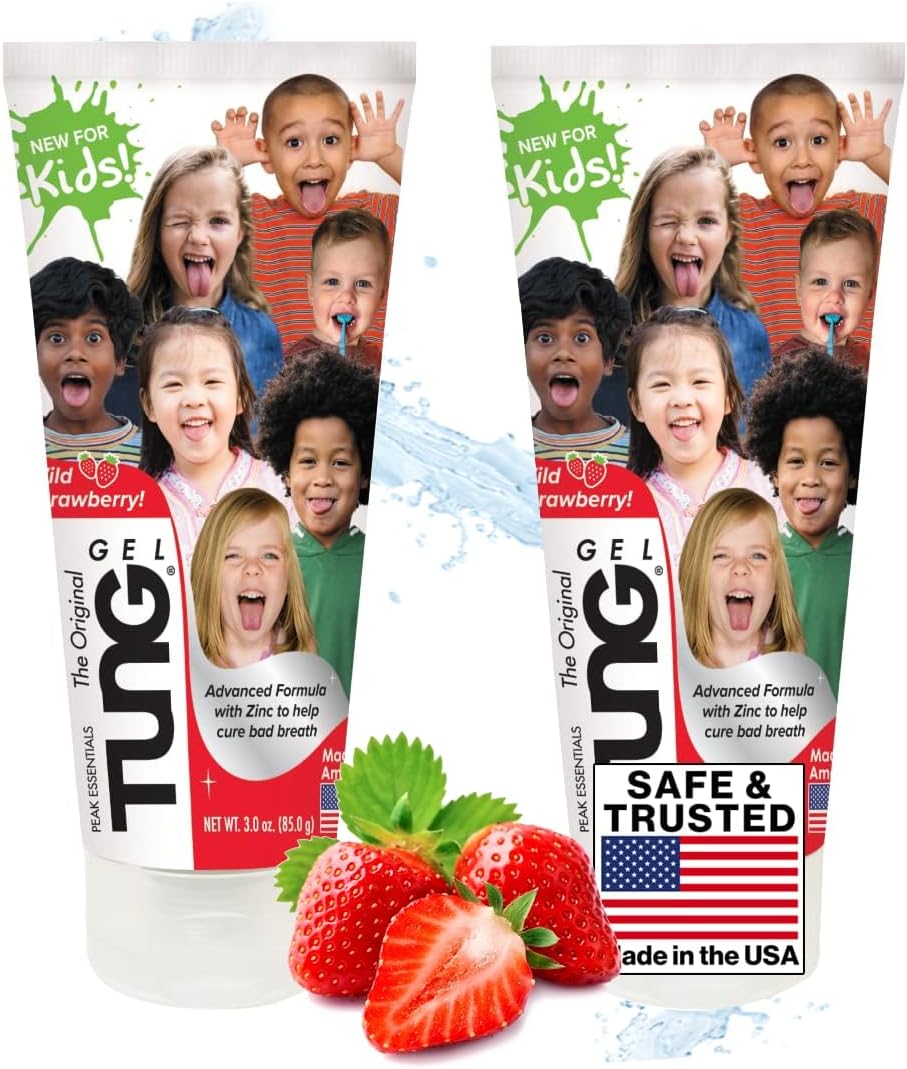 Peak Essentials The Original TUNG Brush Tongue Cleaner Gel for Kids, Kids Tongue Cleaner Paste, Children's Tongue Scraper, Childs Tongue Scrubber, Fight Bad Breath, Made in USA (Set of 2)