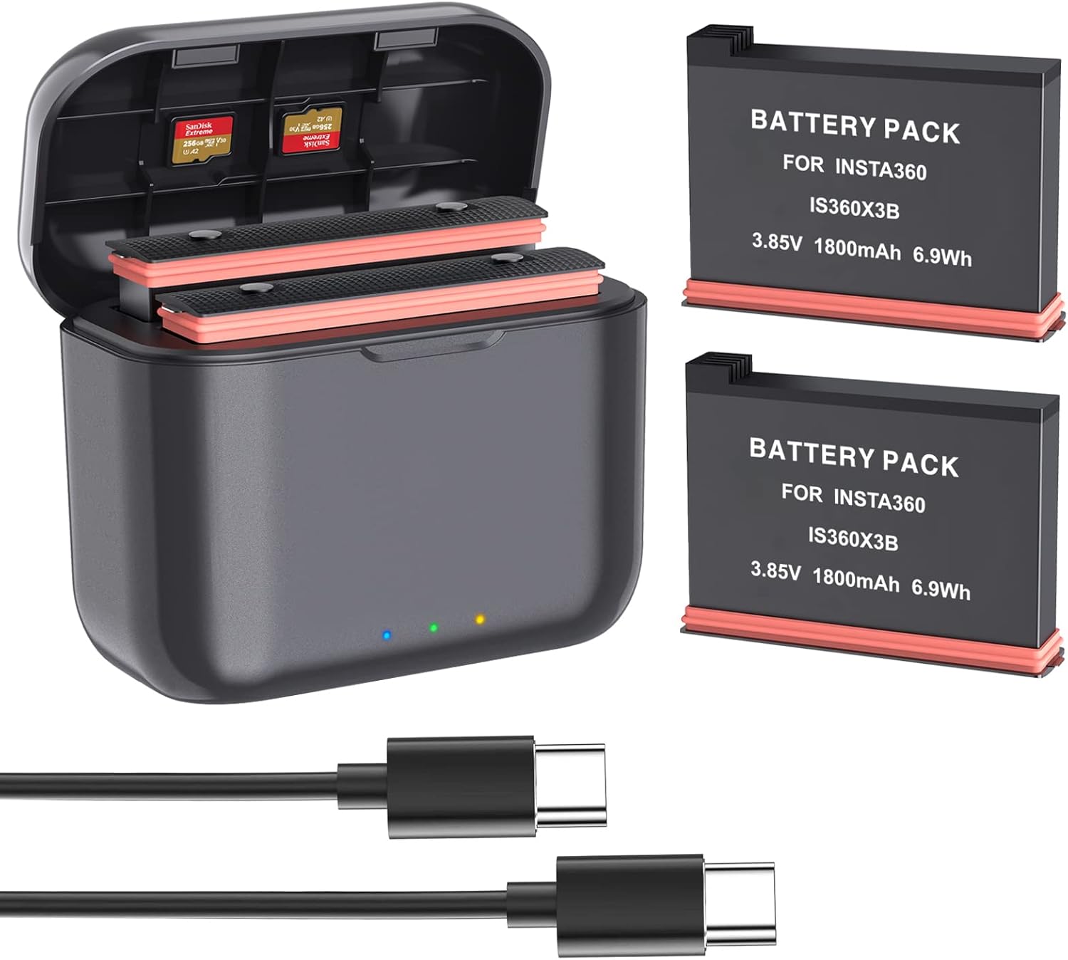 Fast Battery Charger Hub for Insta360 X3 with Misro SD Card Slots and USB Type C Cable,2-Channel Quick Battery Charging Storage Station (Insta360 X3 Charger with 2 Batteries)