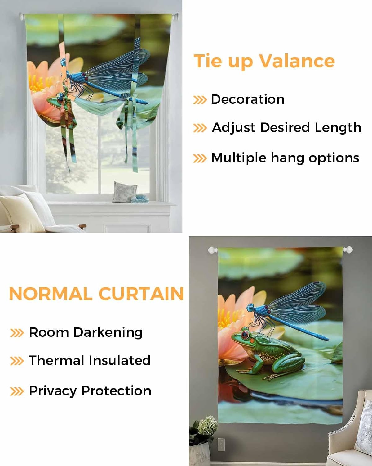 Tie Up Curtain for Windows Frog Flower Dragonfly Balloon Window Shades for Bedroom Bathroom Adjustable Rod Pocket Lotus Leaf Window Treatments Curtains Valance for Kitchen 52" W x 63" L