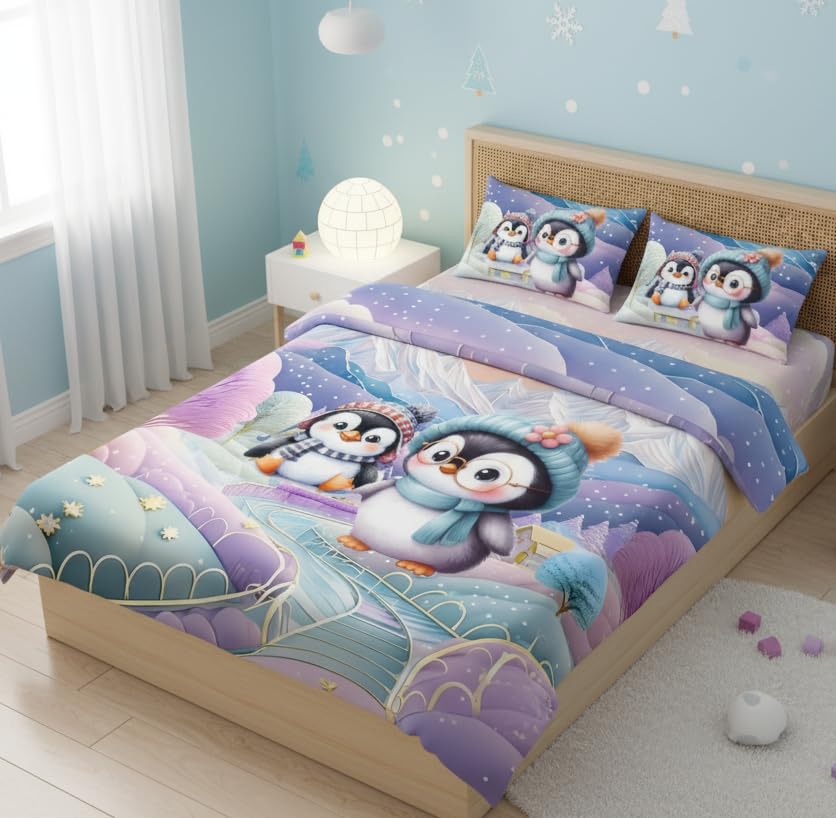 Image of Premium 7D Printed King Size Bedsheet Set with Pillow Covers Soft Cotton Blend Double Bedsheet for Home (Pillow Covers :18x28 inches Bedsheet :90x100 Purple,Blue)