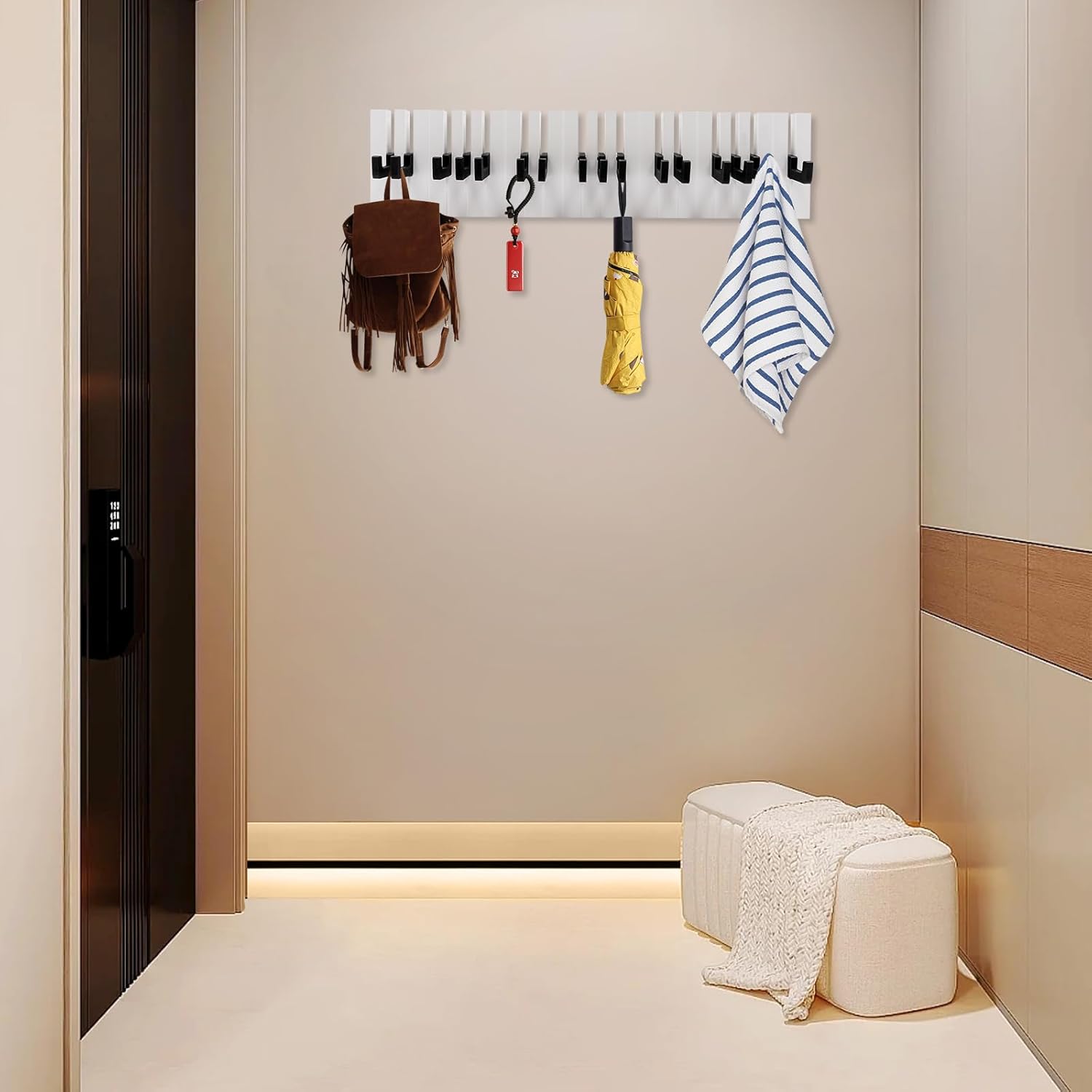 16-Piece Black Wall Hooks - 60cm Long, Adhesive Hooks for Bathroom, Kitchen and Door, Perfect for Towels and Accessories