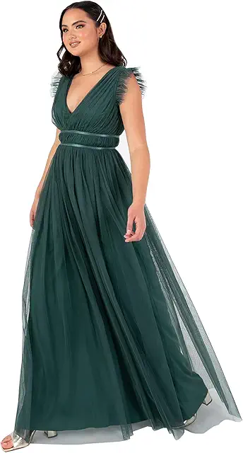 Emerald Green Satin Maxi Dress with V-Neck & Tulle Skirt - A-Line Bridesmaid Gown