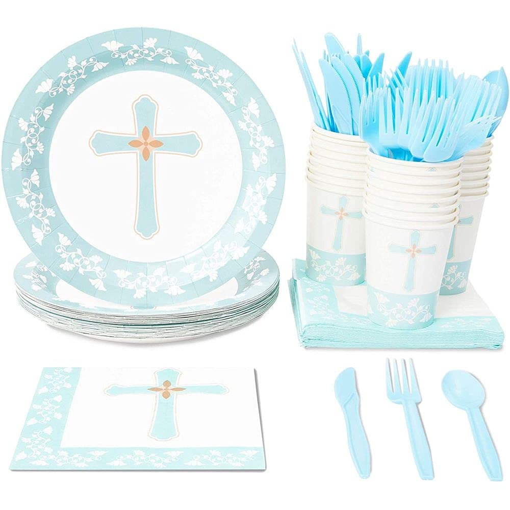 Juvale144 Baptism Decorations Party Supplies – Blue, Includes Disposable Paper Plates, Napkins, Cups, & Cutlery, For Baptisms, First Communion, Christening & More, Serves 24