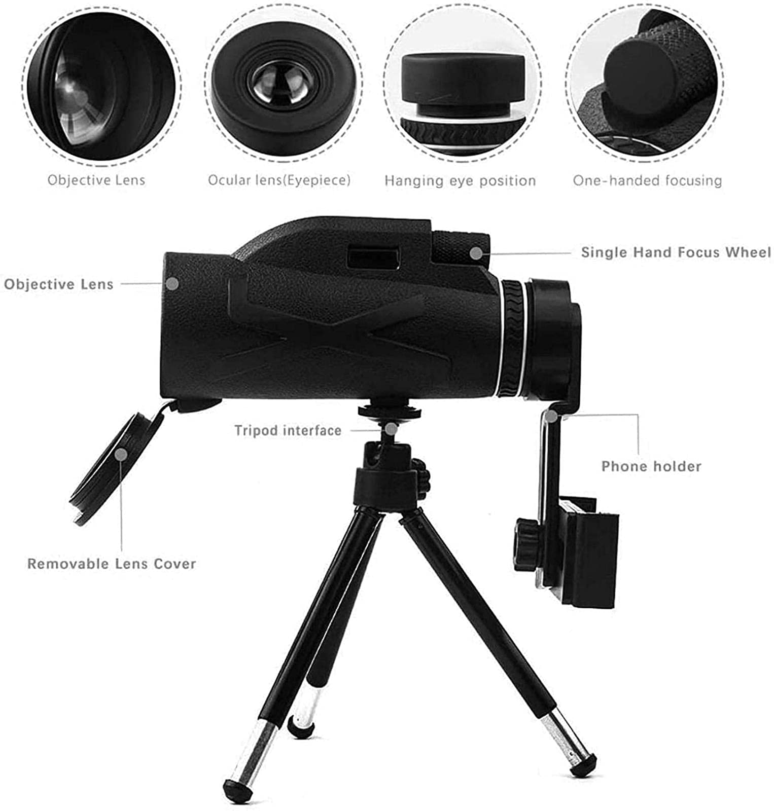Telescopio Monocular HD Profesional 80x100 BAK4 Super Telescopio Zoom Monocular Telescopio portátil con Soporte para teléfono Inteligente y