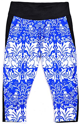 Sister Amy Women's Digital Printed Workout Running Capri Pants Crop Leggings Black/Blue Flower Us Xxs/Asian S #TOP4
