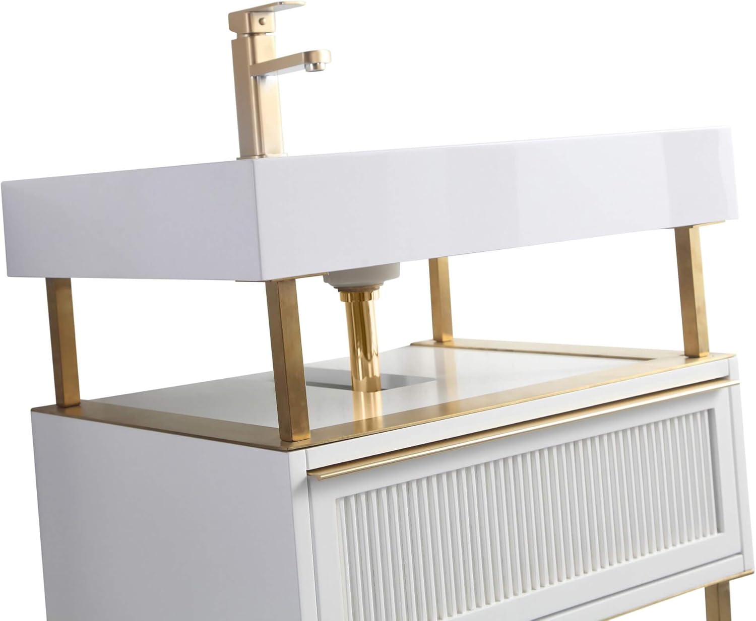 Fine Fixtures Dakota Collection 30 Inch Bathroom Vanity with Sink, Black Sink, White with Satin Brass Hardware, Full Assembly Required, Elegant Bathroom Vanities for Modern Homes