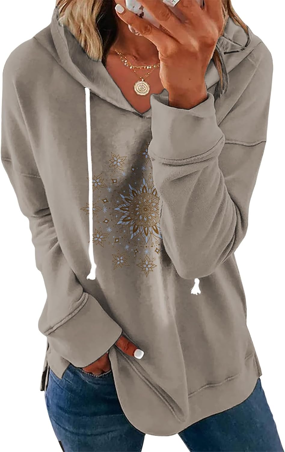 Women's Brown Mandala Print Hoodie Long Sleeve Loose Fit Tunic Top with Drawstring Side Split for Fall Winter