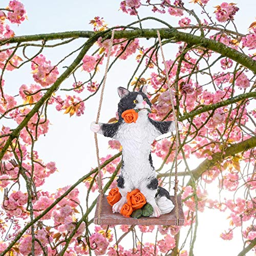 Buitengazonornament, milieuvriendelijk harsmateriaal Zonbestendig hars Dierenstandbeeldtextuur is helder voor binnen- of buitendecoratie(Zwarte kat op schommel) - Image 6