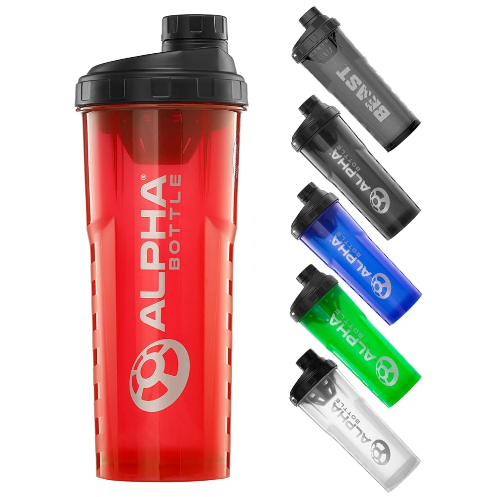 Alpha Designs1l Protein Shaker Bottle 1000ml Protein Shake Mixer | Leakproof Screw Cap | Red