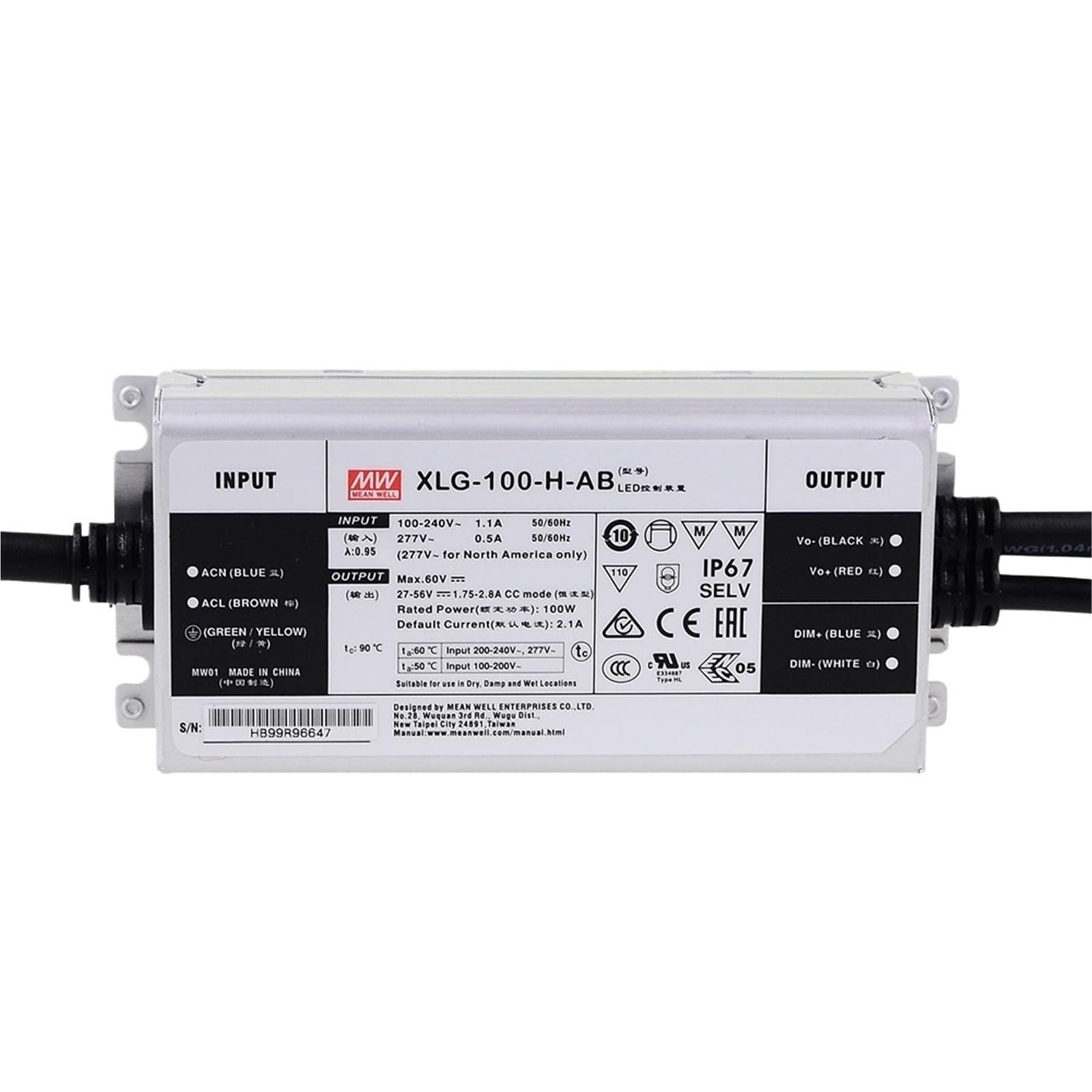 FCARUMIQP XLG-100-H-AB 100W Constant Power 27-56V LED Driver 3 in 1 Dimming IP67 PFC Switching Supply for LM301H