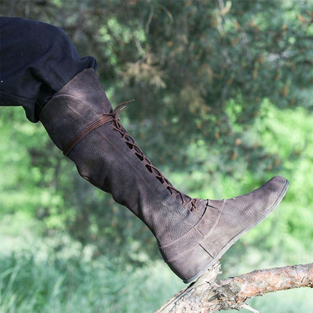 ORANDESIGNE Botas Medievales de Cuero PU Retro Mujeres Hombres Caballero Pirata Disfraz Tobillo Corto Botas de Fondo Plano Zapatos de Vendaje Gótico para Cosplay Fiesta de Carnaval