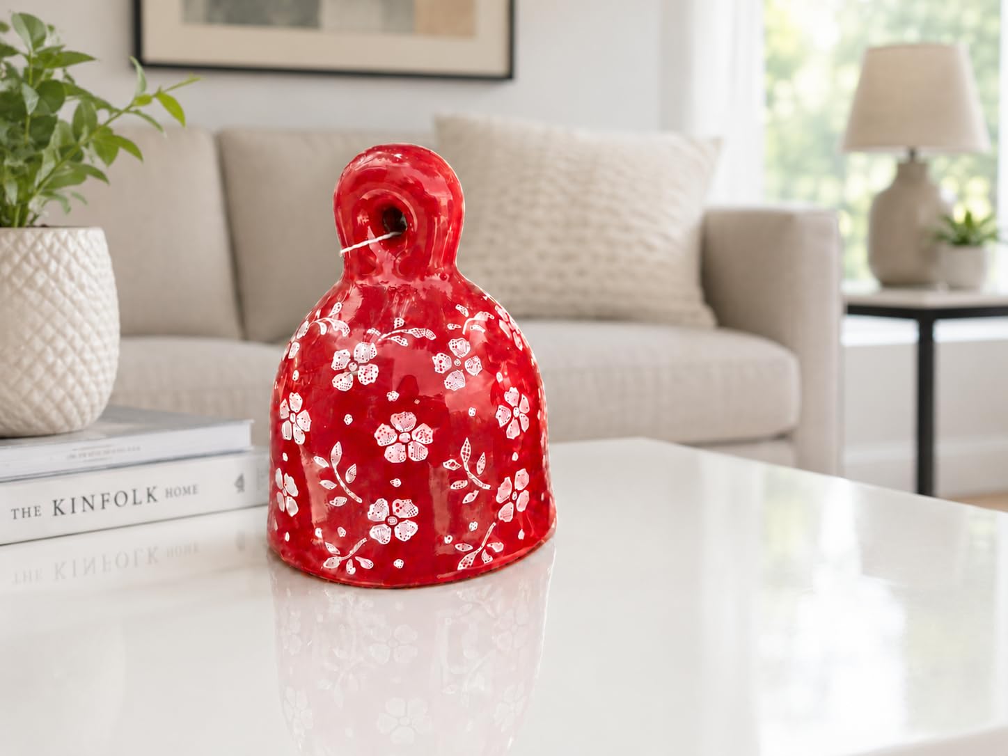 Hand-Painted Ceramic Bell for Home Decor & Temple | Decorative Hanging Bell | Red Floral Design | Handmade Ceramic Craft | Height 4 Inches | Pack of 1-image-0