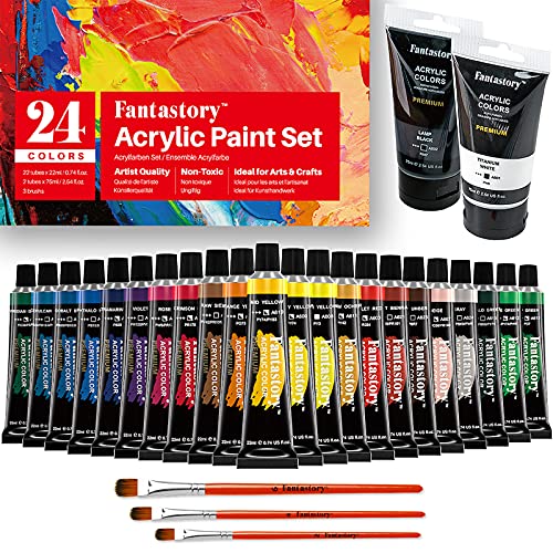 Acrylic Paint Set, Fantastory 24 Colors (0.74 oz 22 ml & 2 x 2.64 oz 75 ml) Crafts Art Supplies, Non Fading, Non Toxic Black White Paints for Adults Kids on Canvas, Wood, Ceramic with 3 Brushes