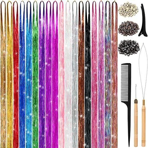 Hair Tinsel Kit (48 Inch,18 Colors, 4320 strands), Tinsel Hair Extensions with Tools, Heat Resistant Fairy Hair Tinsel Kit for Women Girls Hair Accessories