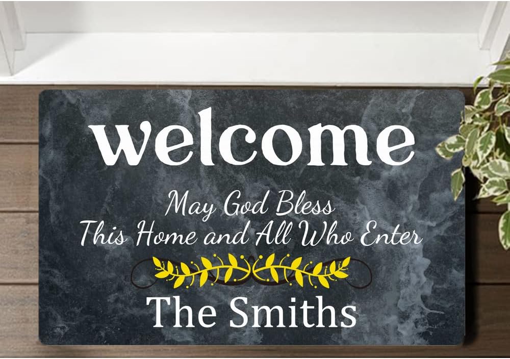 Funny Welcome Custom Personalized Family Name May God Blessed This Home and All Who Enter Front Door Indoor Floor Doormat Non-Slip Bottom Drying Mats Area Rugs for Outdoor Entrance Way (15.7"x23.6")
