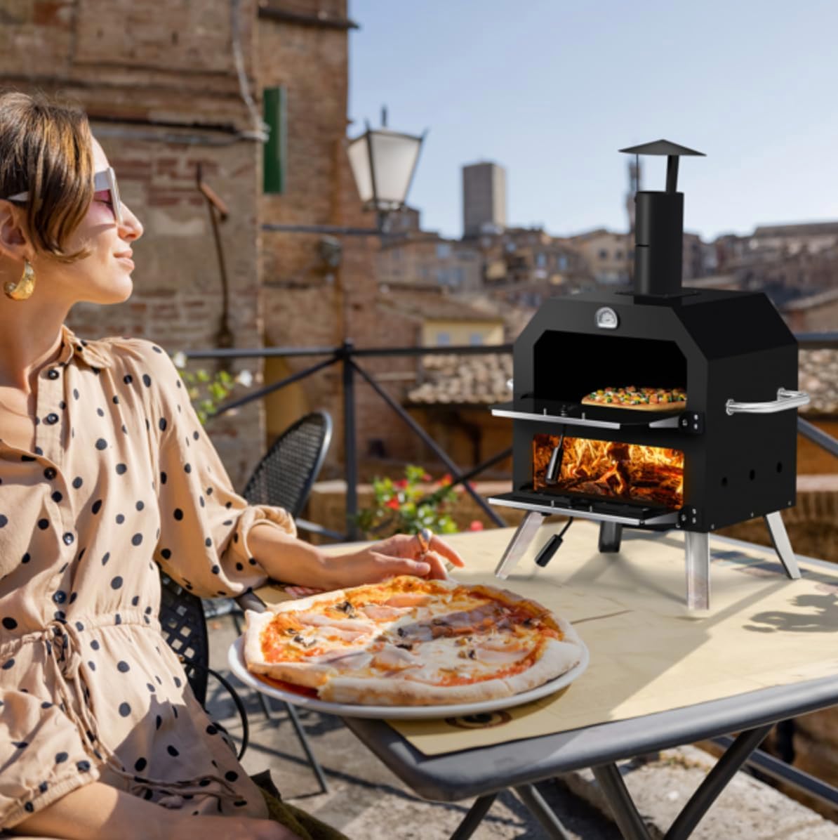Outdoor Pizza Oven Wood Fired 2-Layer Pizza Ovens Outside Pizza Maker with Stone, Removable Cooking Rack for Camping Backyard BBQ Barbeque (TableTop)