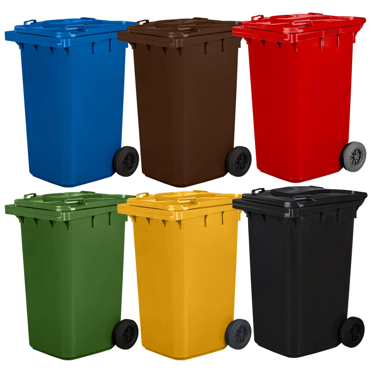 Juego de 4 cubos de basura para basura PN-EN 840, de 240 litros, con ruedas, sistema de enganche para extracción mecánica, de plástico, negro, amarillo, verde, azul
