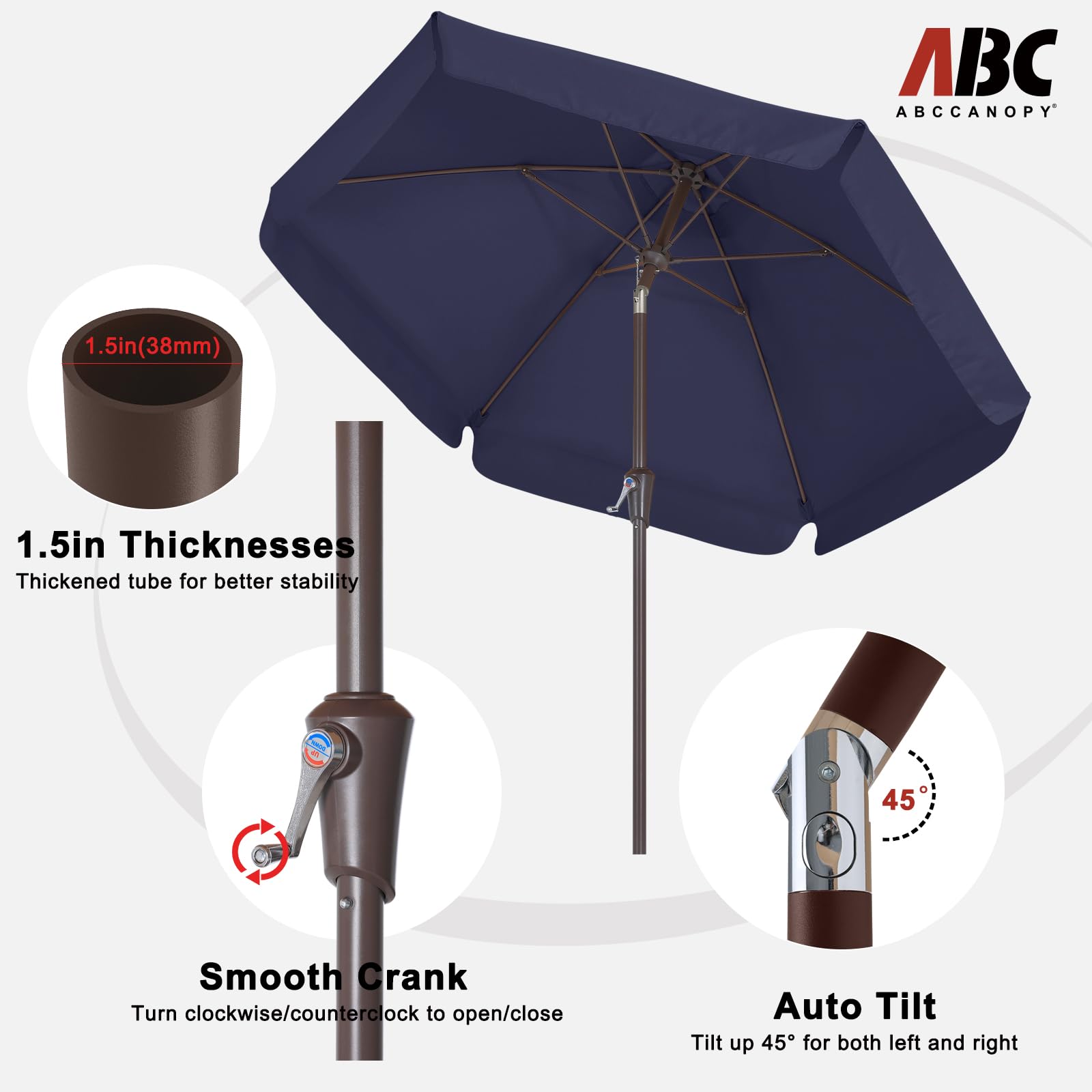 ABCCANOPY Sombrilla de patio de 2,3 m con inclinación y manivela para jardín, terraza, patio trasero y piscina, azul marino