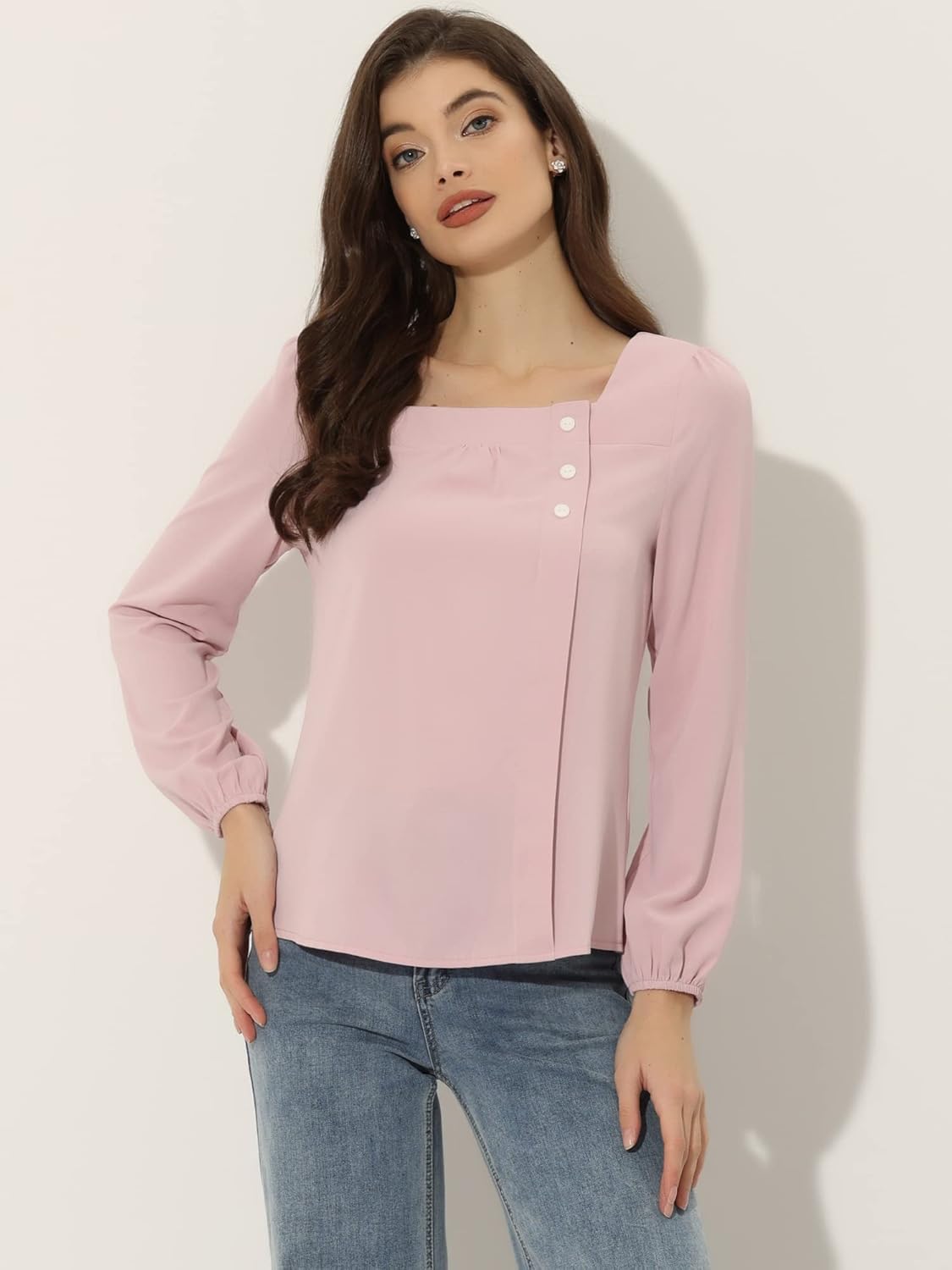 Allegra K Women's Square Neck Casual Solid Long Sleeve Tops - Image 3