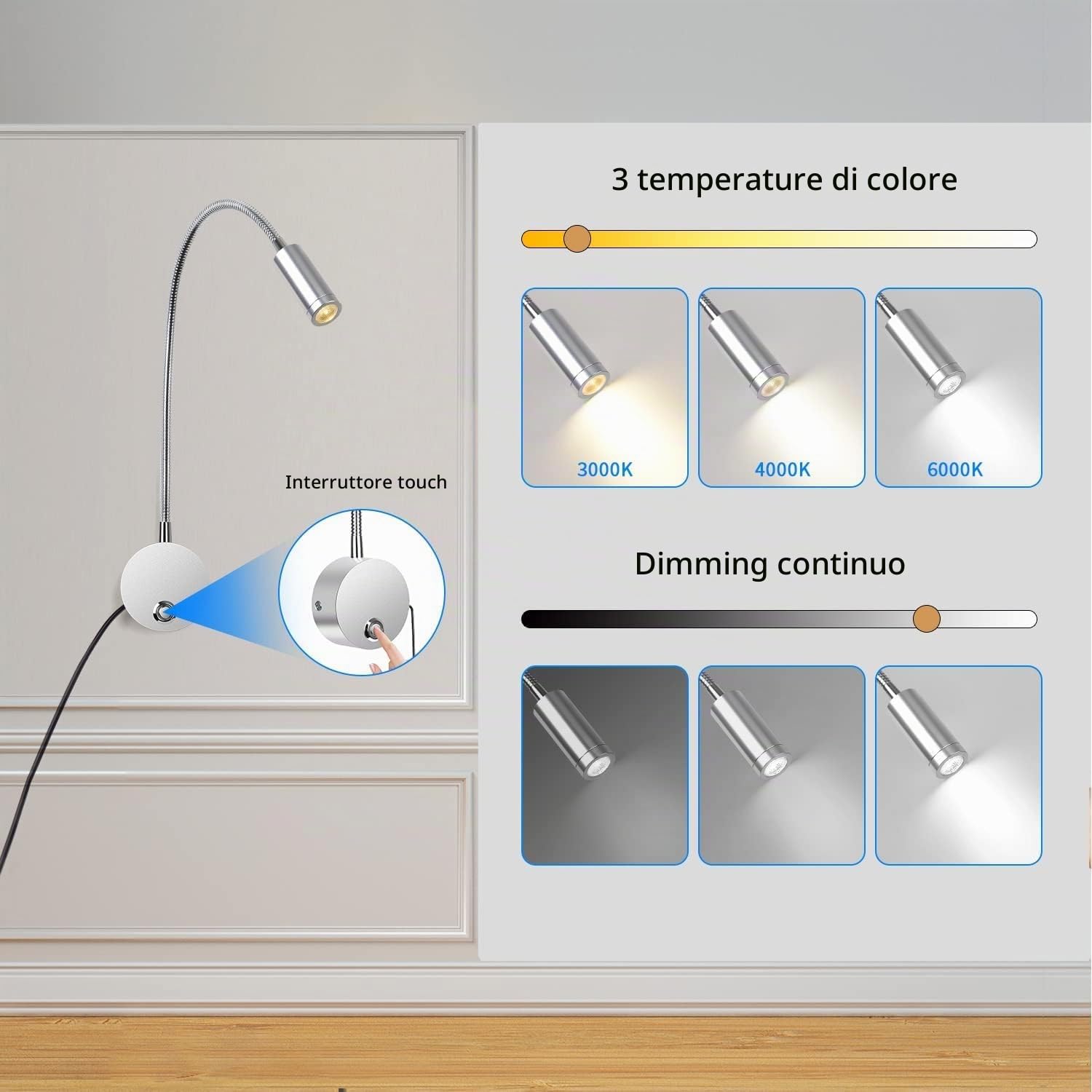 ERWEY Lampada da lettura da parete, lampada da comodino a LED da parete con interruttore touch, dimmerabile e presa di ricarica USB, collo d'oca girevole a 360° con spina e cavo, 3000-6000K, argento