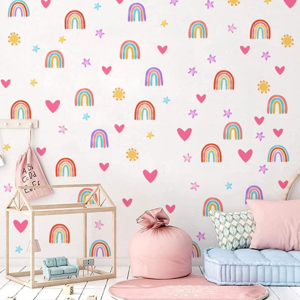 Rainbow Wall Decor Stickers Small Rainbow Decal Watercolor Heart Star Sun Wall Stickers Decor for Girls Boys Baby Bedroom Nursery Playroom Party Sticker