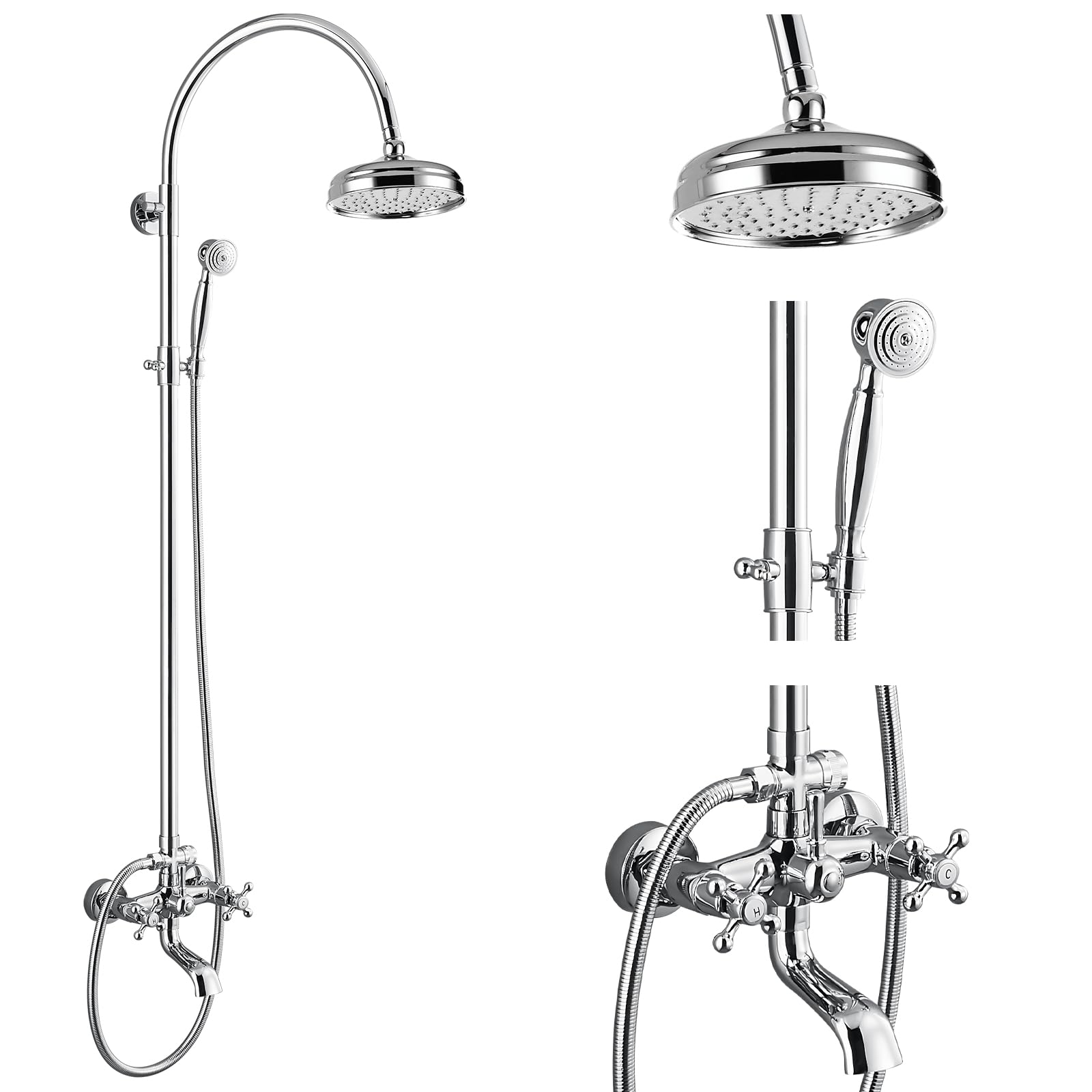 Système de douche à effet pluie 20,3 cm et support mural à 3 fonctions pratiques