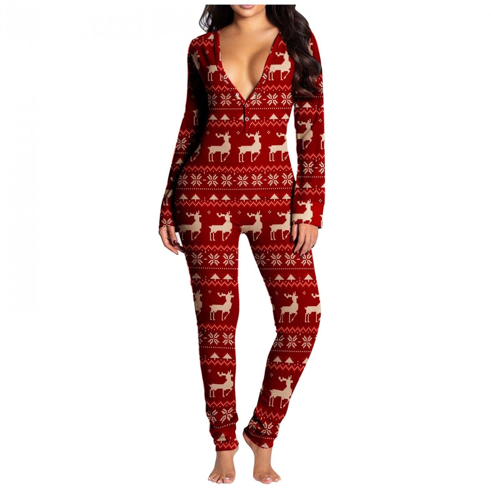 Women Onesie Christmas Pajama,Butt Flap Jumpsuit,Sexy Onesie Butt Button  Back Flap Jumpsuit,Sexy Onesie Butt Button Back Flap Jumpsuit Long Sleeve  One