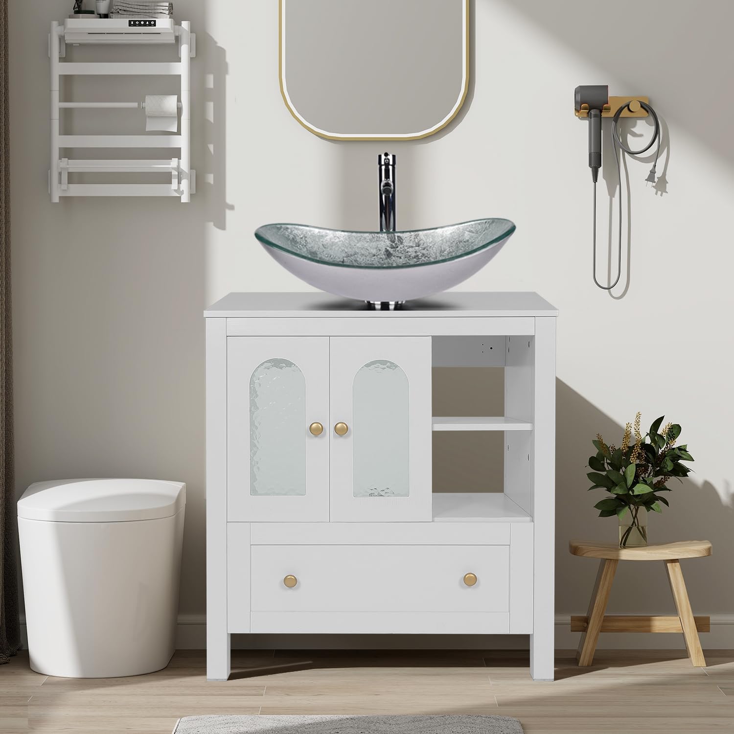 30" Bathroom Vanity with Sink, Freestanding Bathroom Storage Cabinet with Sink Combo, Modern Vanity Cabinet with 2 Water Ripple Doors and 1 Drawer, Soft-Close Design, Silver Glass Boat Sink Top, White