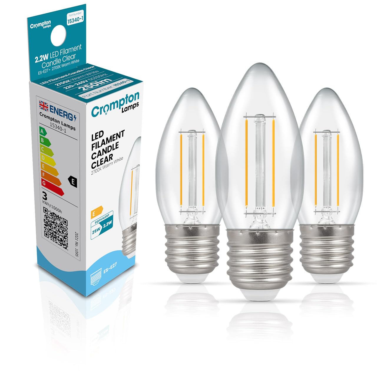 Crompton Lamps Filament Candle LED Light Bulb ES-E27 | 2.2W = 25W Equivalent | Warm White 2700K | Energy Efficient | Edison Screw Lightbulb | Long Life 15000-Hrs | Clear Glass | Dimmable | 3-Pack