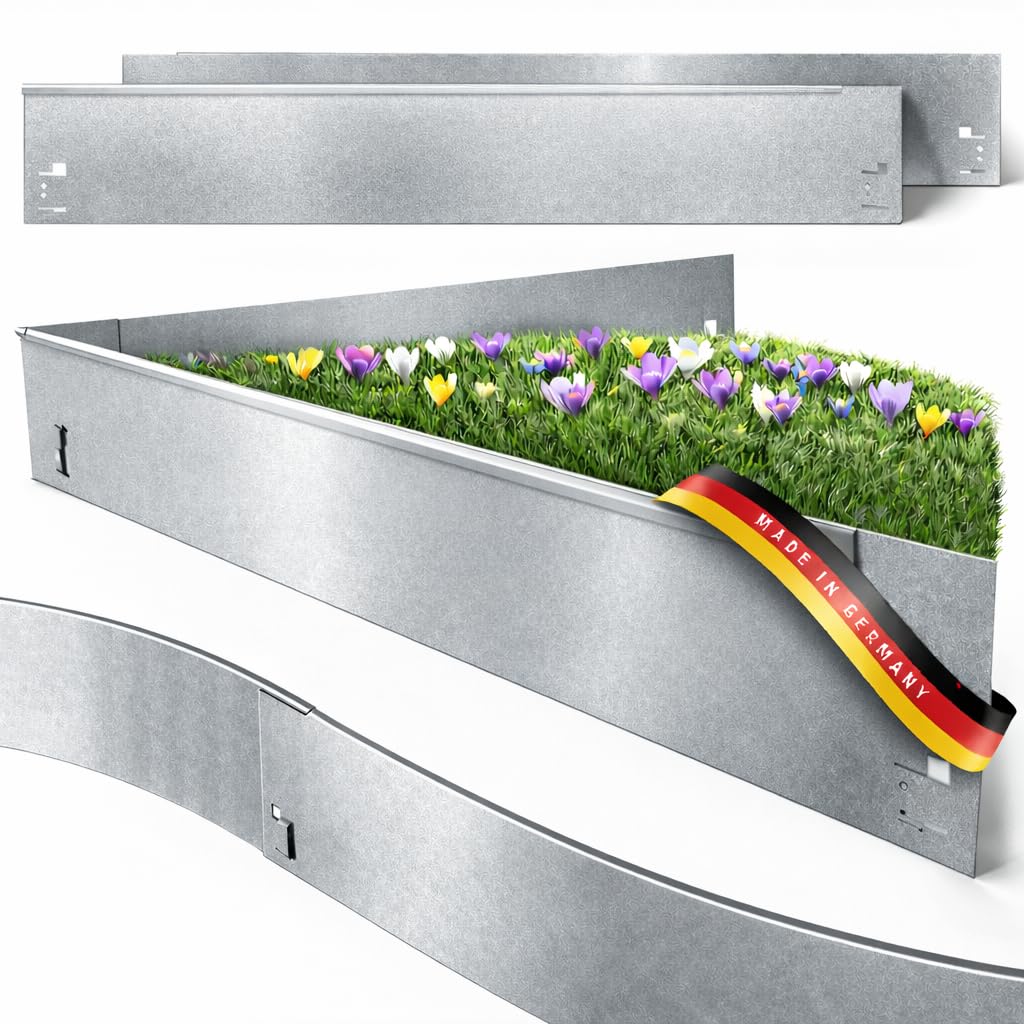 Rasenkante Metall - 11,40m Verlegelänge - Garten Metallbeeteinfassung 18,5cm hoch - Stabile Metallbeetbegrenzung feuerverzinkt - 10er Set Metallrasenkante je 1,2m Länge - Verformbar & Ultraleicht