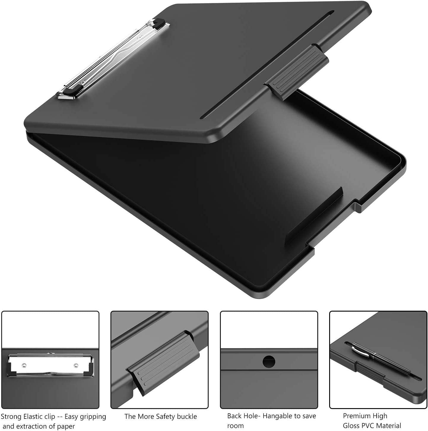 Clipboard with Storage, Plastic Storage Nursing Clipboard with Low Profile Clip, Heavy Duty Foldable Letter Size Recycled, for Kid, Salary, Coach, Jobsite, Industrial, Office(9"x13"x 0.8", Black) : Office Products